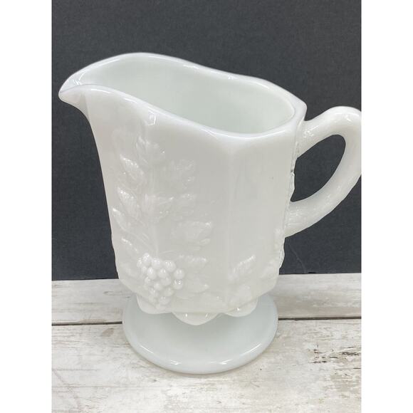 Vintage Westmoreland Footed Milk Glass Pitcher Paneled Grape and Vine Pattern - Picture 2 of 12